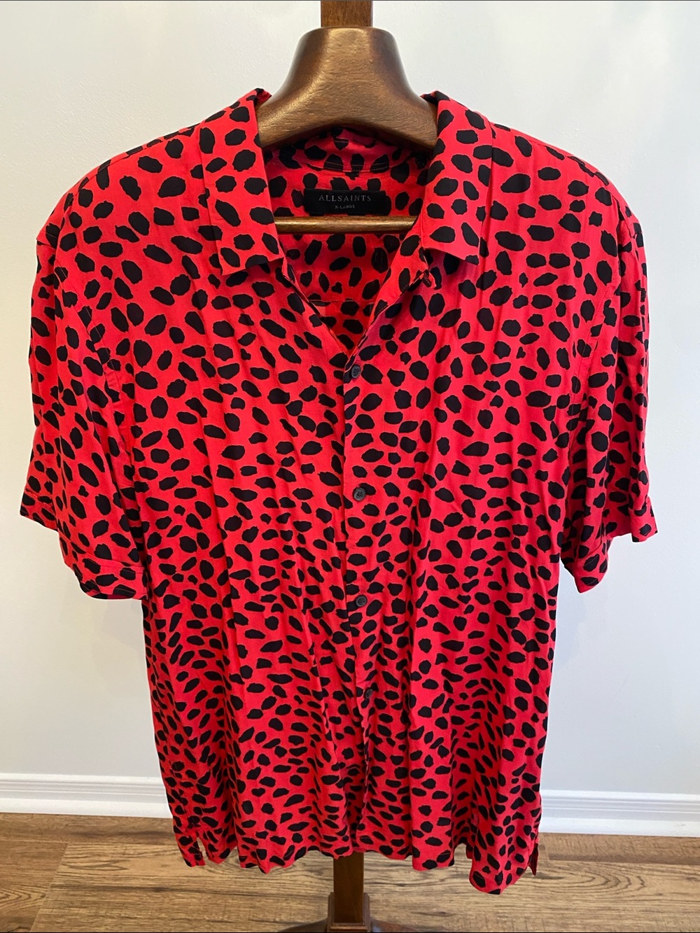 All Saints Red Short-Sleeve Button-Front Shirt with Black Spot Print
